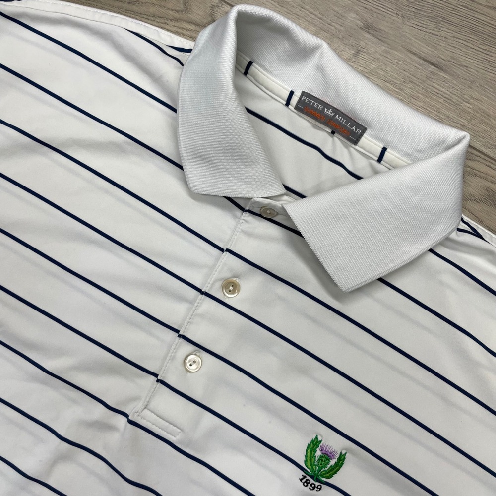 Peter Millar Polo Shirt Mens White Striped Summer Comfort Garden City READ
